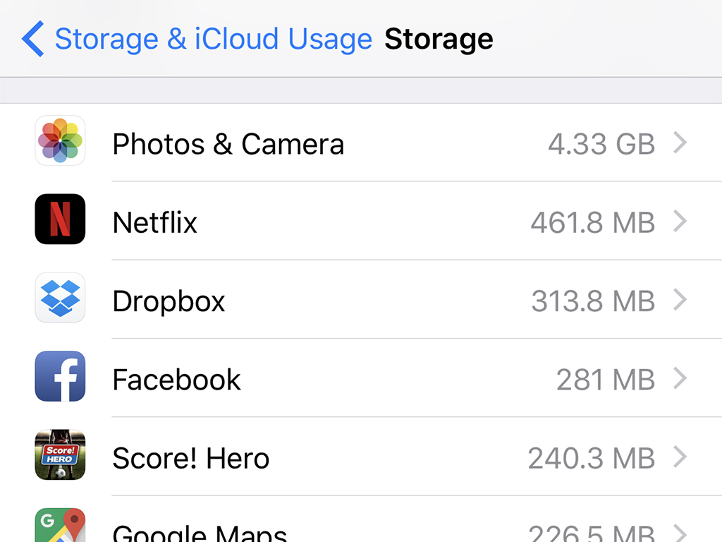 The storage data screen inside iOS. Deleting heavy apps can help free up space on your phone.