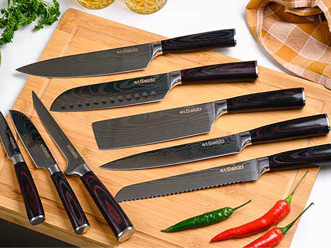 This versatile Japanese Master Chef knife set features eight pieces and a  Mother's Day discount