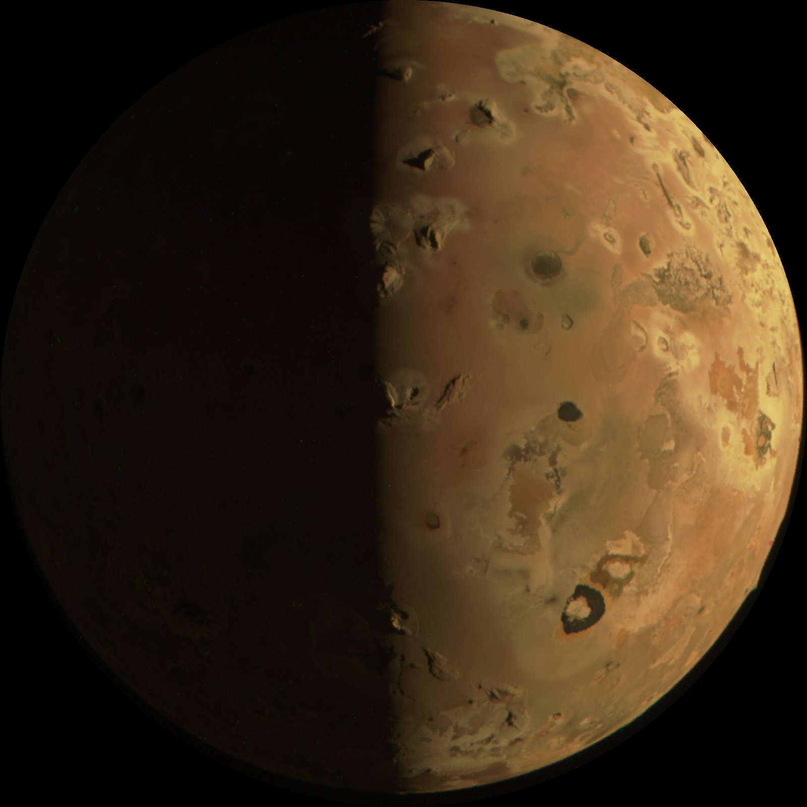 On December 30, 2023, the Juno spacecraft flew within roughly 930 miles of the moon Io. The spacecraftâ€™s JunoCam imager captured images of a red sphere dotted with volcanoes. CREDIT: NASA/SwRI/MSSS