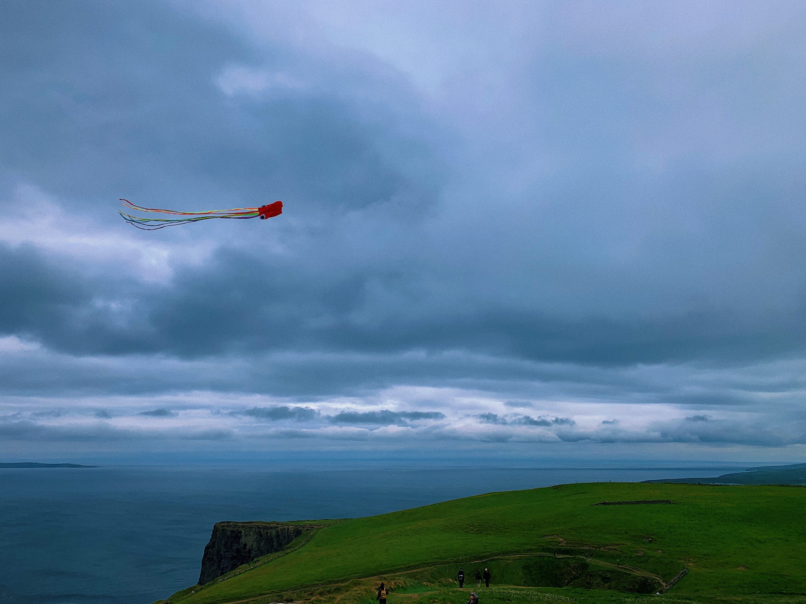 A kite flying above a seaside cliff under cloudy skies.