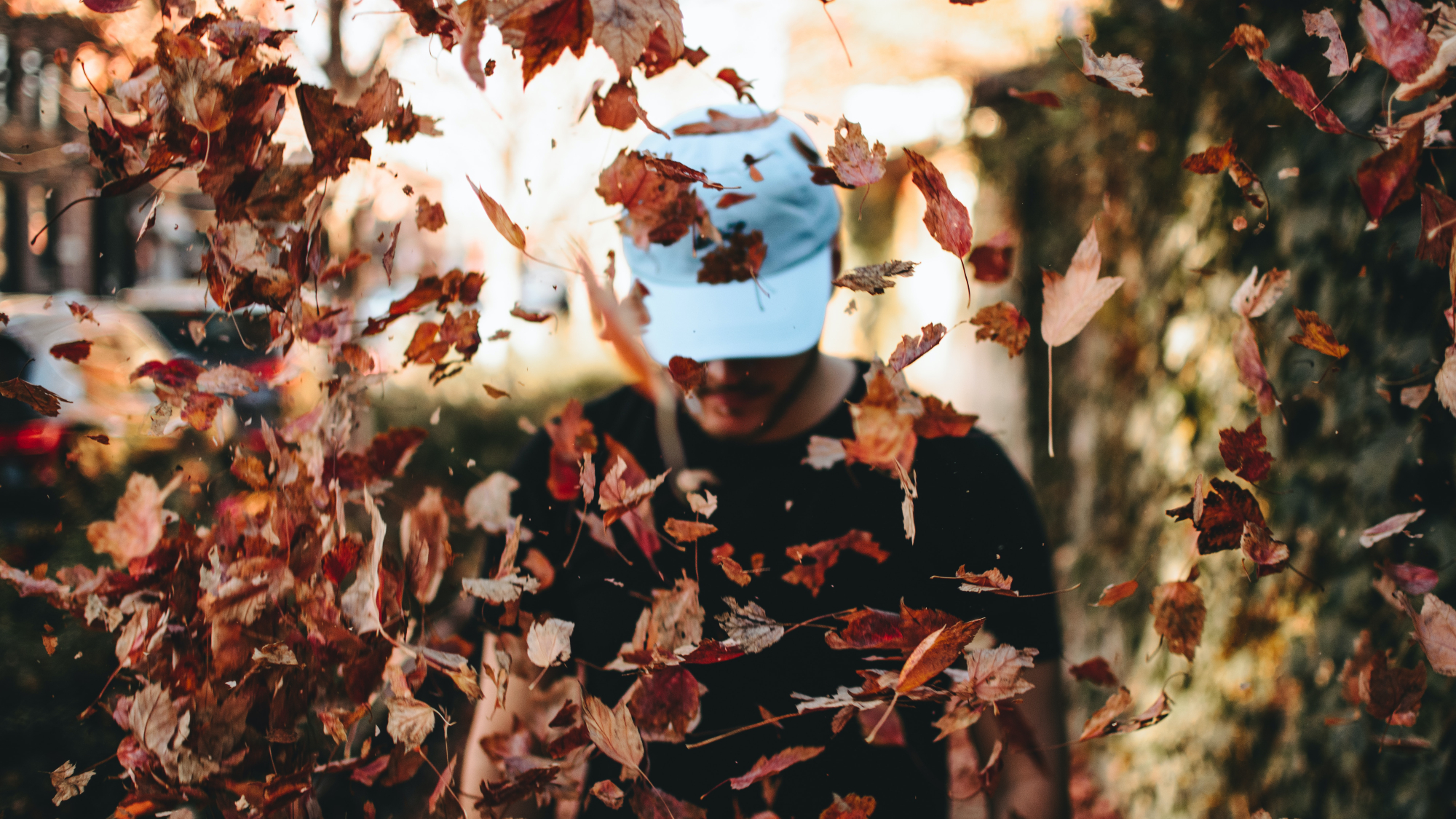 A man wearing a black shirt and a white baseball cap looking down while many dead leaves fall and fly around him, probably as he's trying to get the leaves off his lawn.