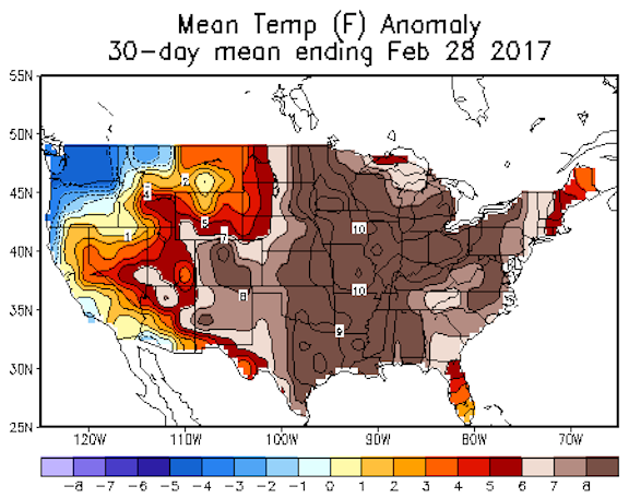 a map showing temperatures across the U.S.