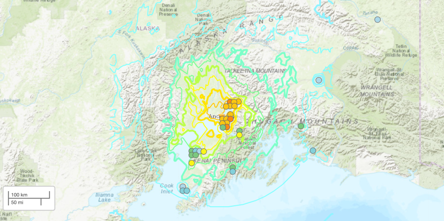 a map of southern Alaska showing the center of the earthquake