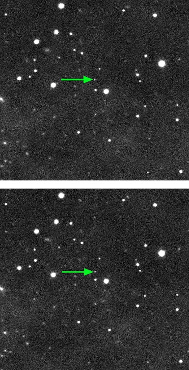 a green arrow points to a small dot of light in a field of stars