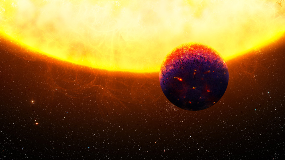 an illustration of a blue and red planet next to a large sun 