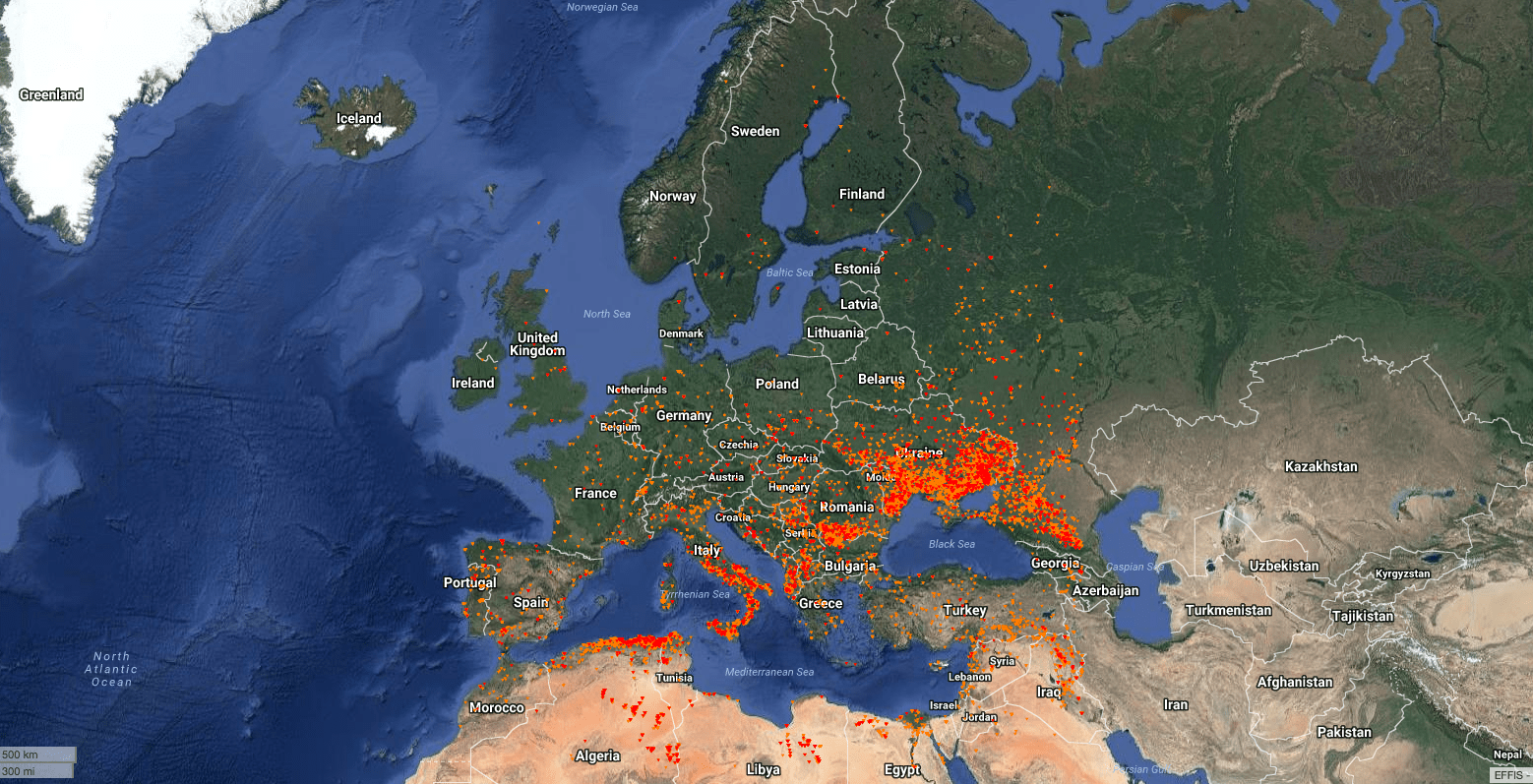 European Union, current situation wildfires. You can [click here](https://effis.jrc.ec.europa.eu/static/effis_current_situation/public/index.html) to use the interactive version.