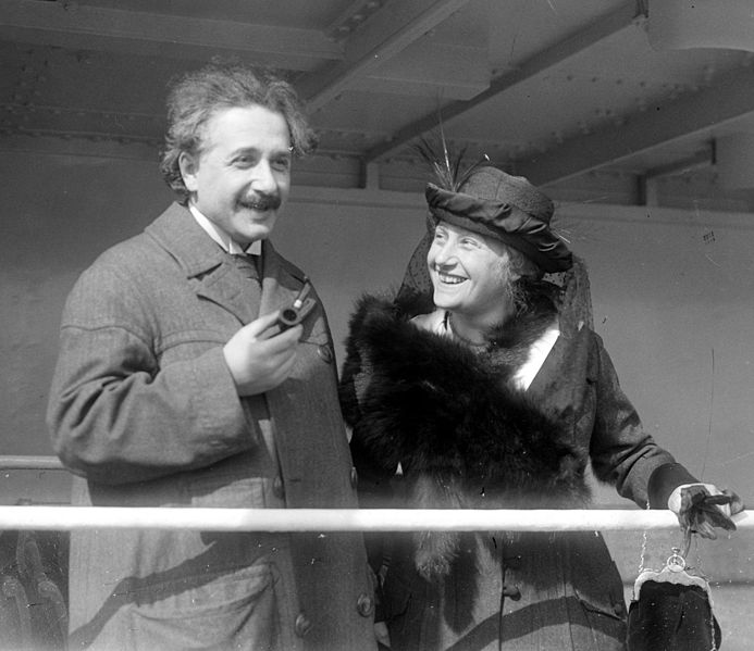 Albert Einstein and Elsa Einstein in black and white