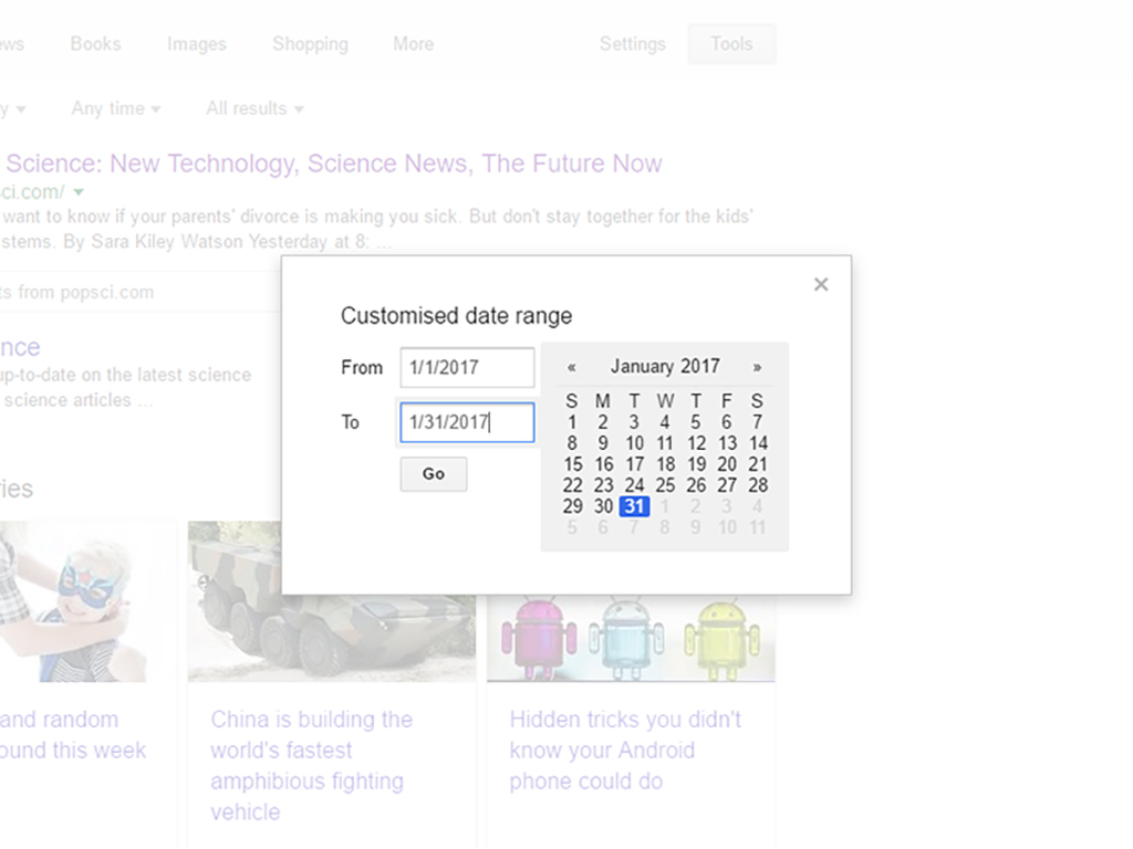 The date limit function for Google search.