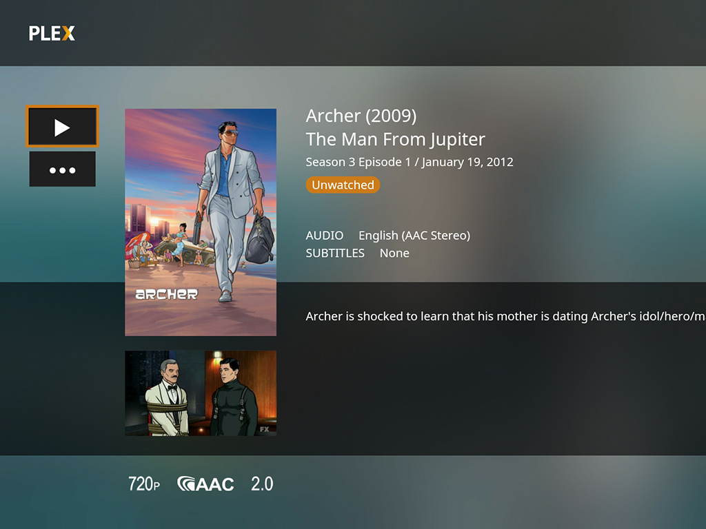 The Plex interface, showing Archer: The Man from Jupiter.