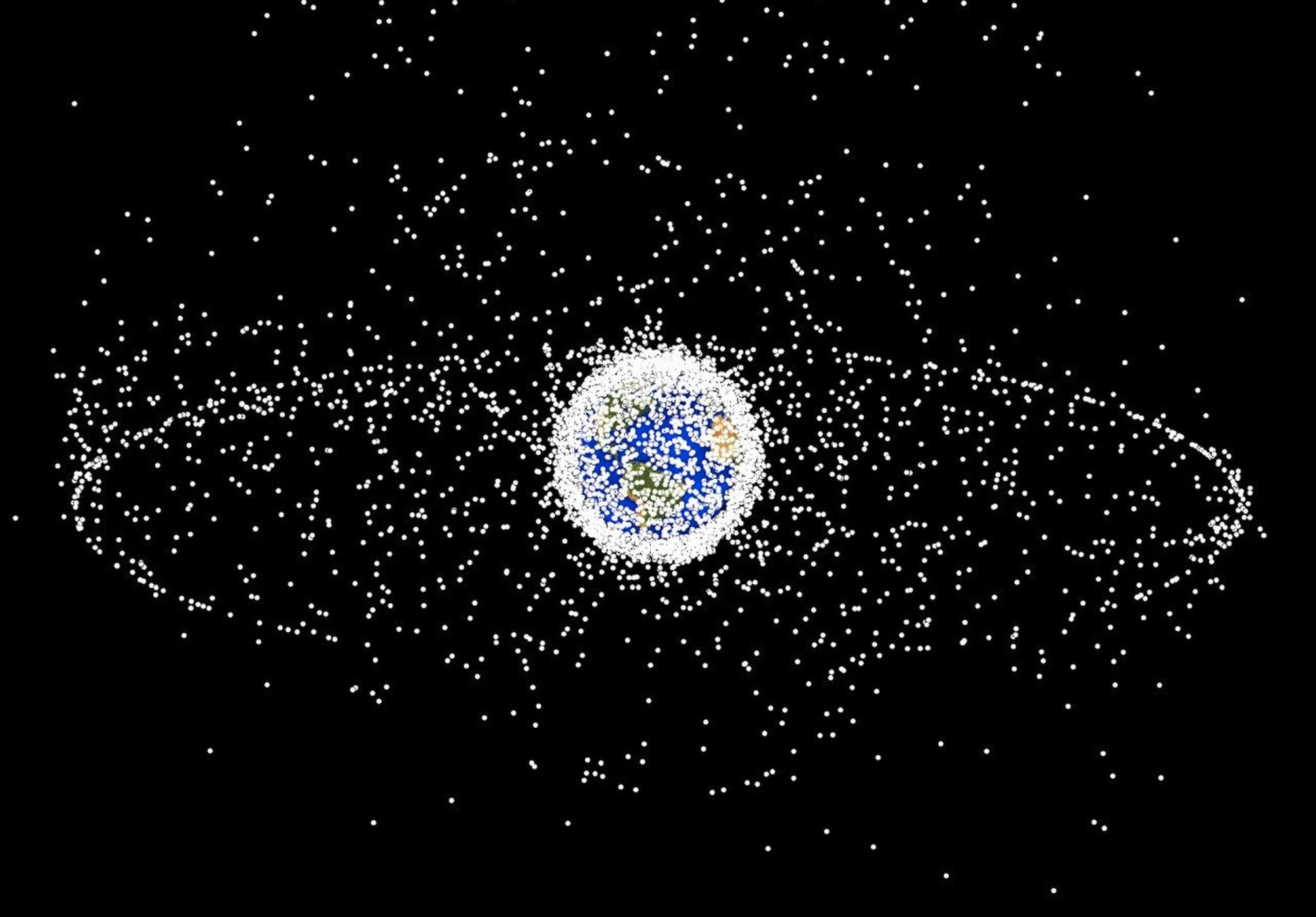 an illustration of earth surrounded by white dots representing debris