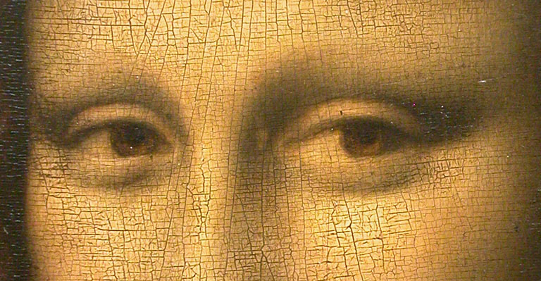 Mona Lisa cracking paint close-up eyes