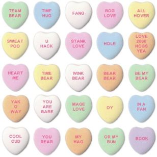 STANK LOVE, BEAR WIG, and other sayings from AI-generated candy hearts