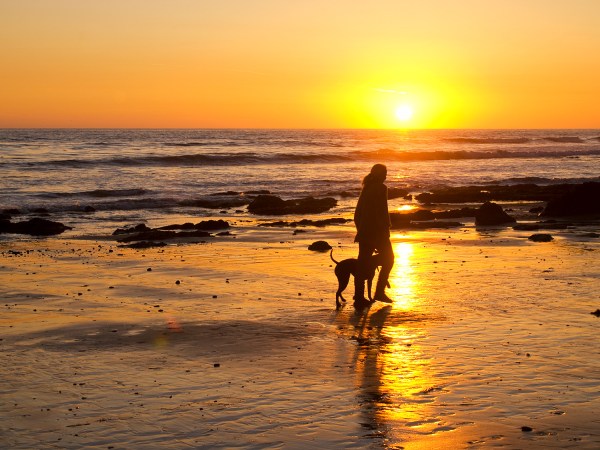 walking on the beach at sunset