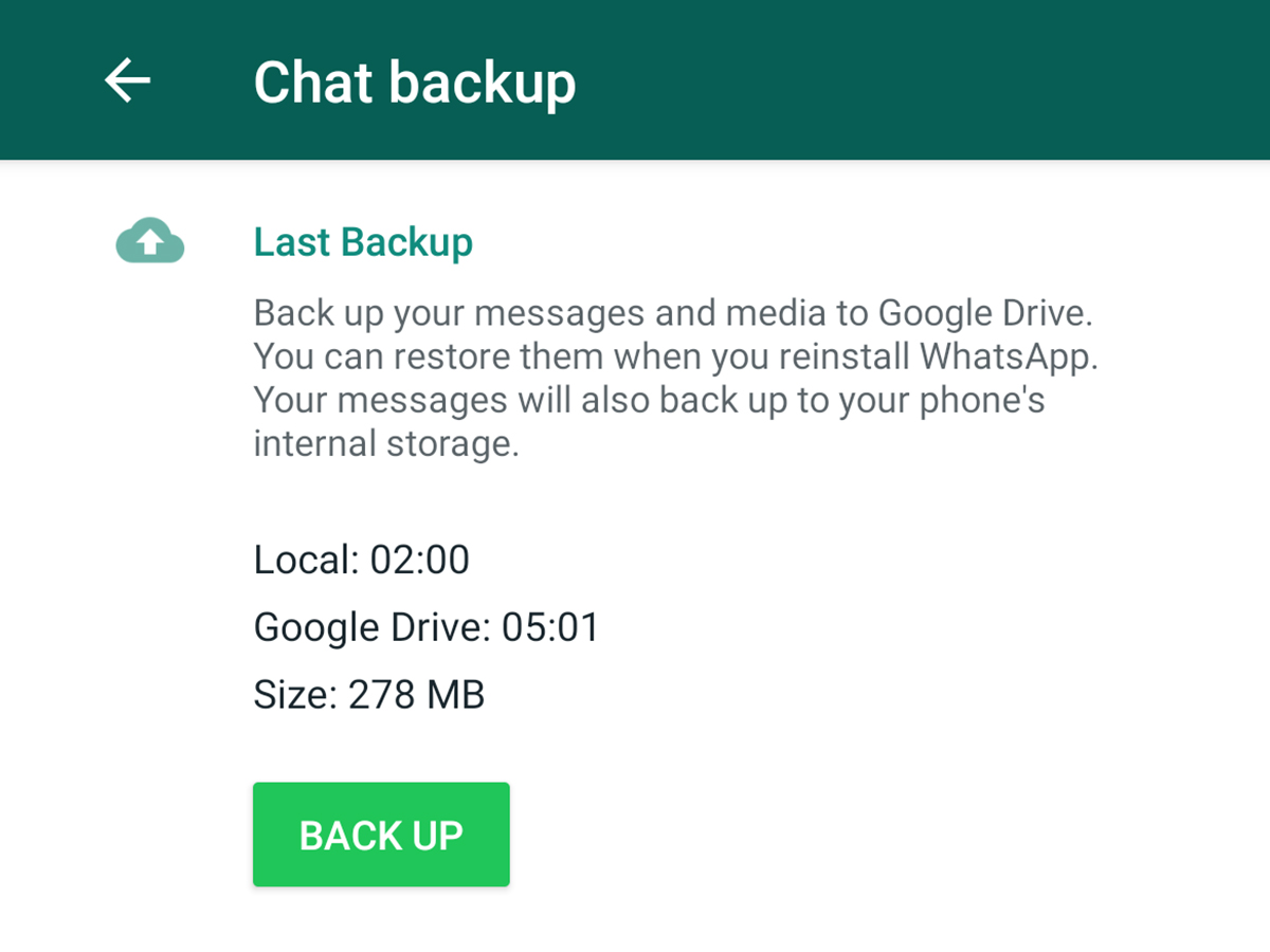 The chat backup feature in WhatsApp app for Android.