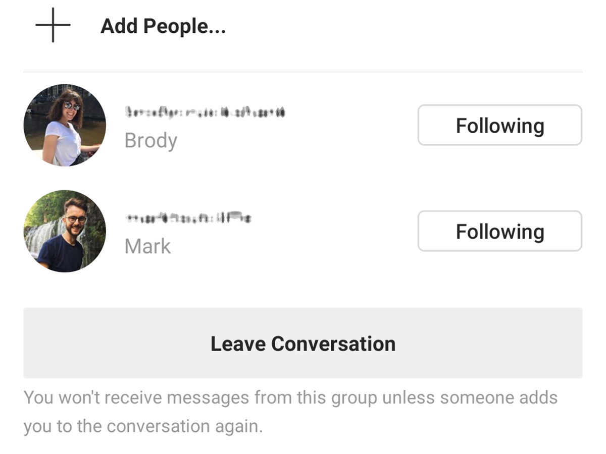 The option for leaving a conversation within the Instagram app for Android.