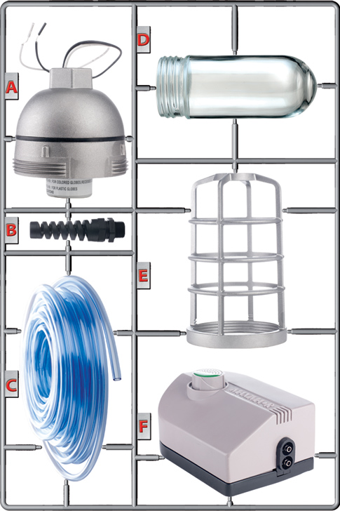 Several parts for a DIY bubble light.