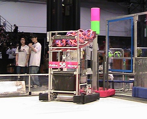 A homemade robot in an arena at the 2009 FIRST Robotics Competition in New York City.