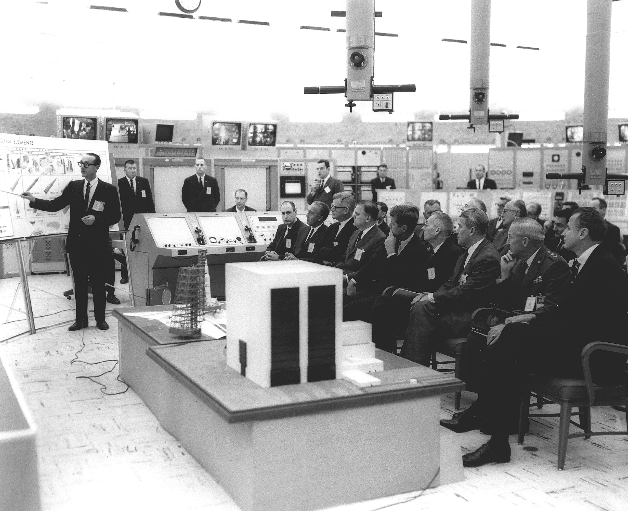 Dryden, on Kennedy's left, during a 1963 Apollo program presentation.