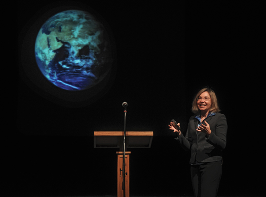 Katharine Hayhoe holding a speech