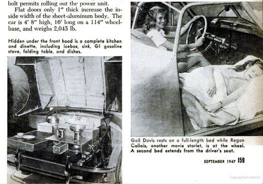 A woman sleeping in the passenger seat of a homemade camping car, while another woman sits in the driver's seat. From the September 1947 issue of Popular Science magazine.