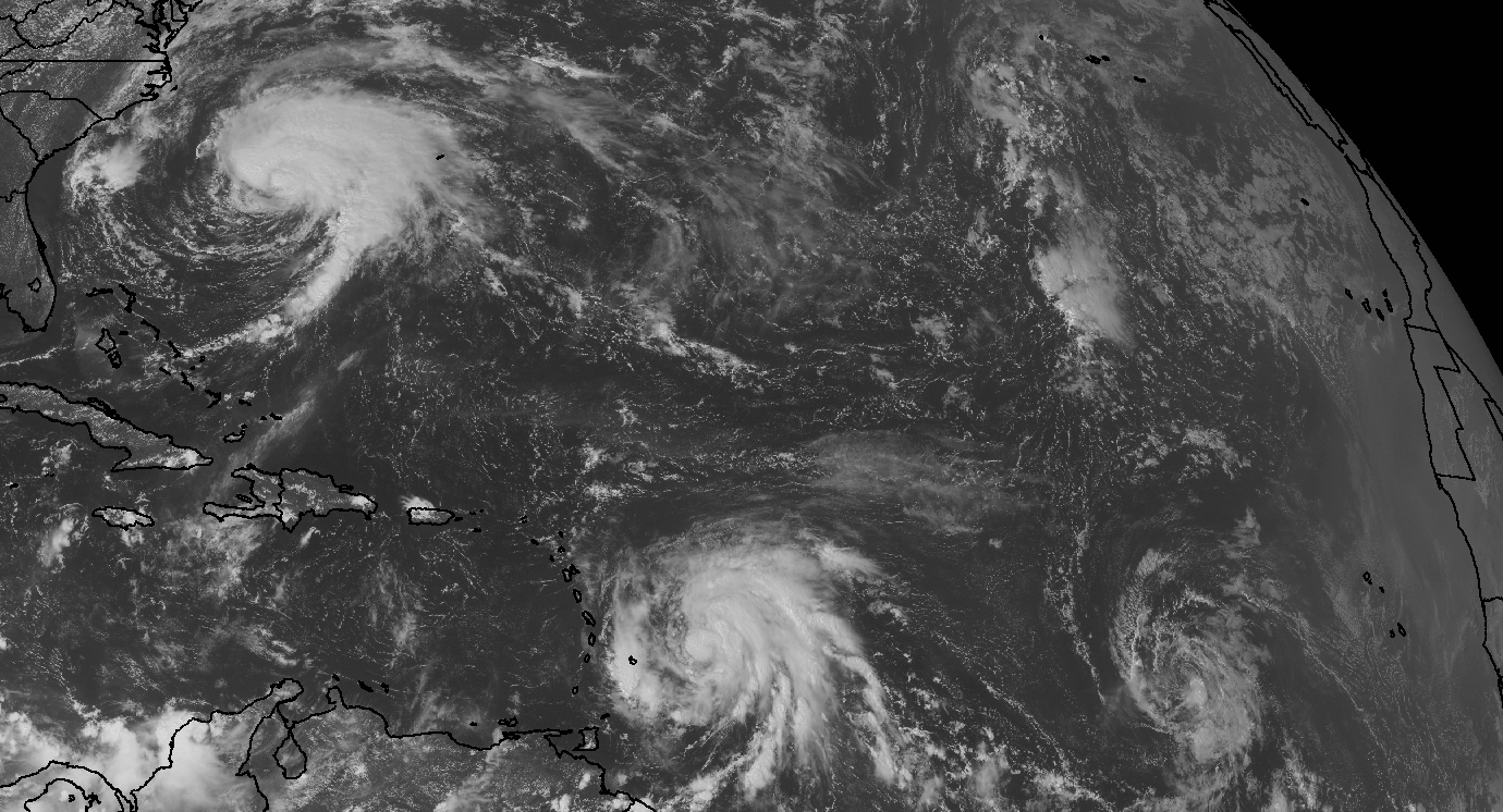 A satellite image of Hurricane Jose, Tropical Storm Maria, and Tropical Depression Lee on September 17, 2017.