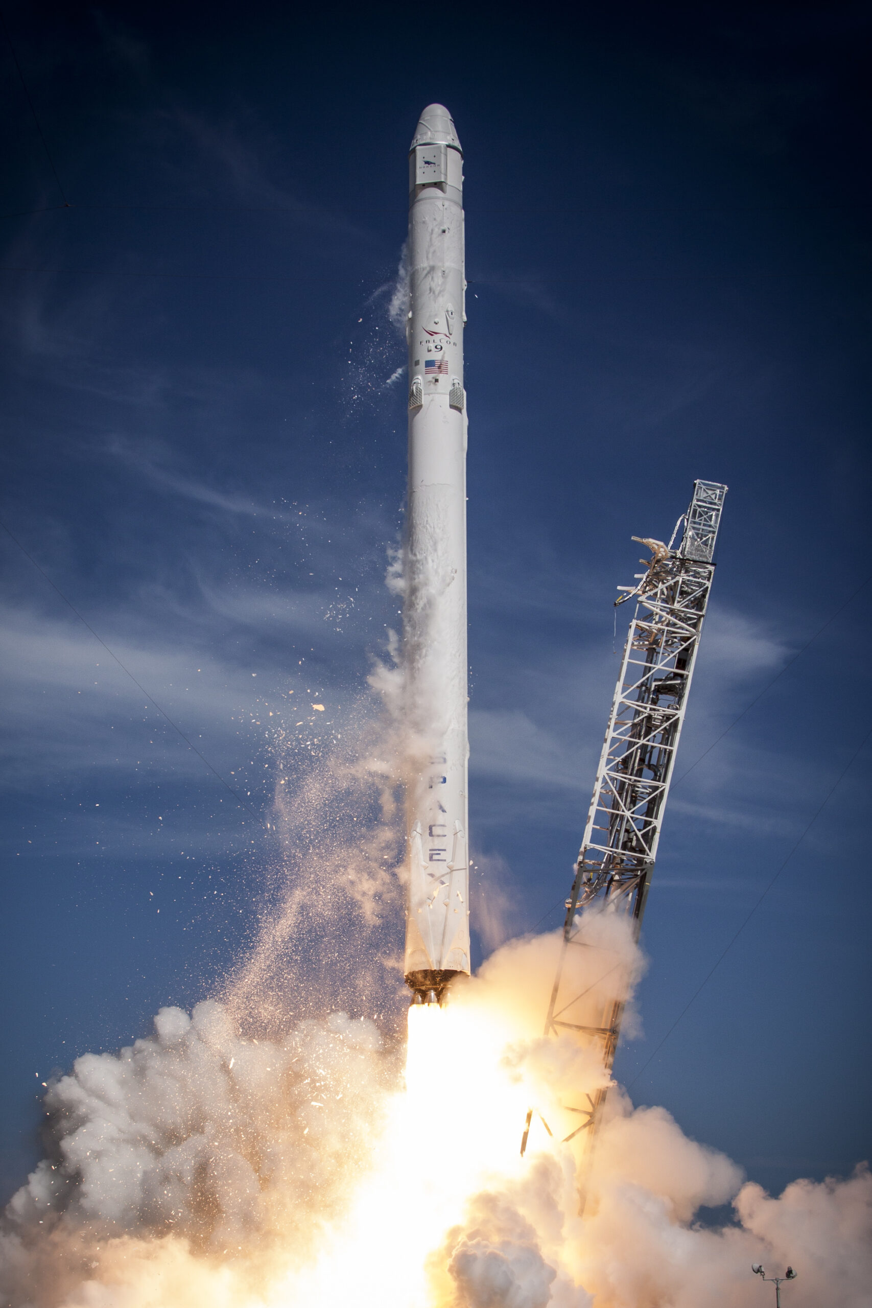 closeup of the SpaceX Falcon 9 launch