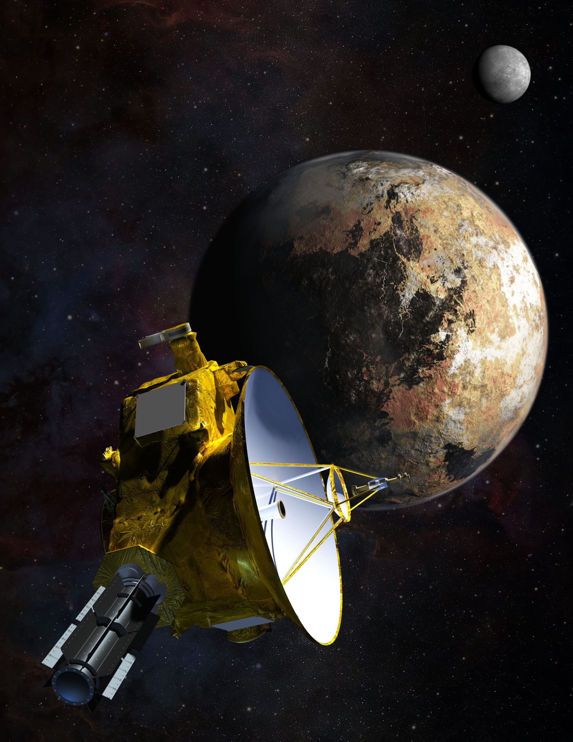 a conceptual drawing of the New Horizons spacecraft approaching Pluto