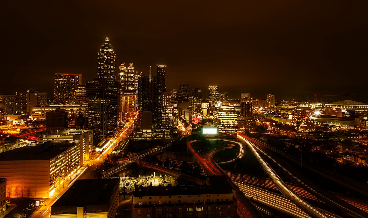 Atlanta, Georgia skyline lit up after dark.