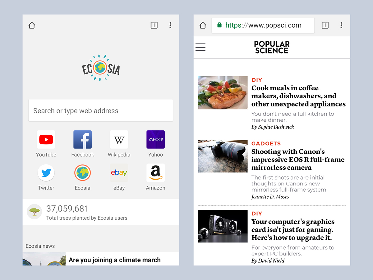 The Ecosia mobile browser showing the Popular Science website.