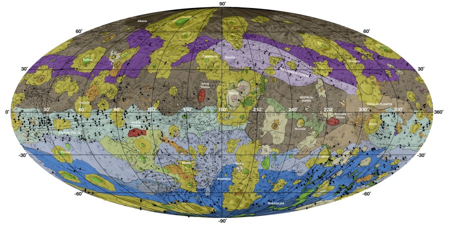 geologic map of Vesta's surface in bright colors