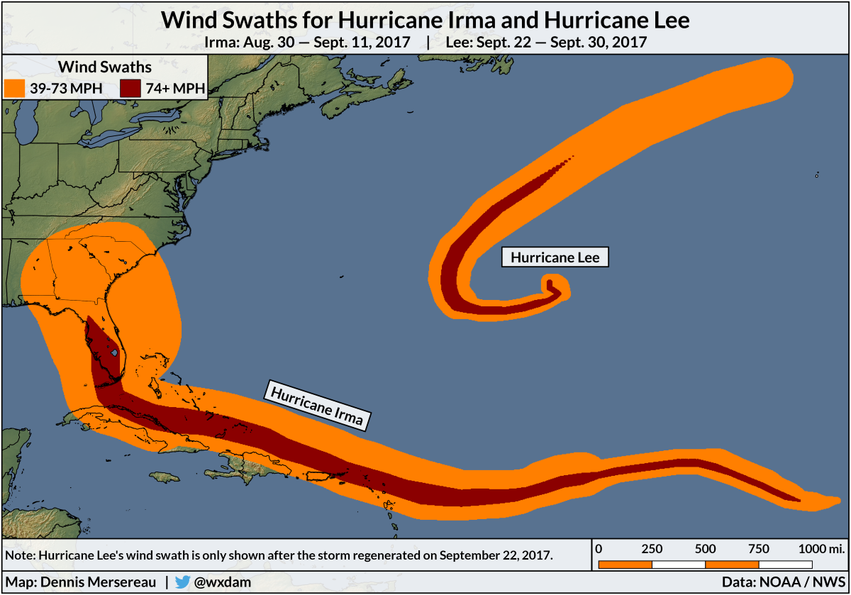 A map of the wind swaths for Hurricane Irma and Hurricane Lee.