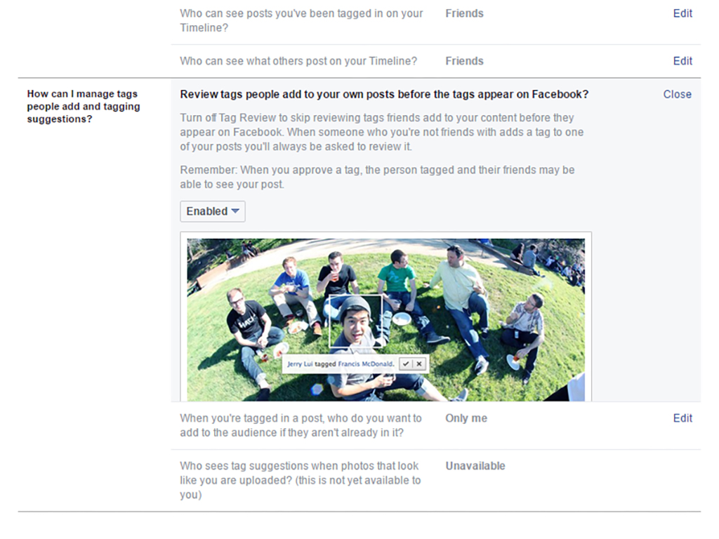 Facebook's tagging options on its security and privacy settings page