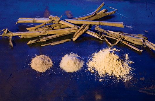A pie of sticks above a pile of yeast, a pile of cane sugar, and a pile of cornmeal, on a blue surface.
