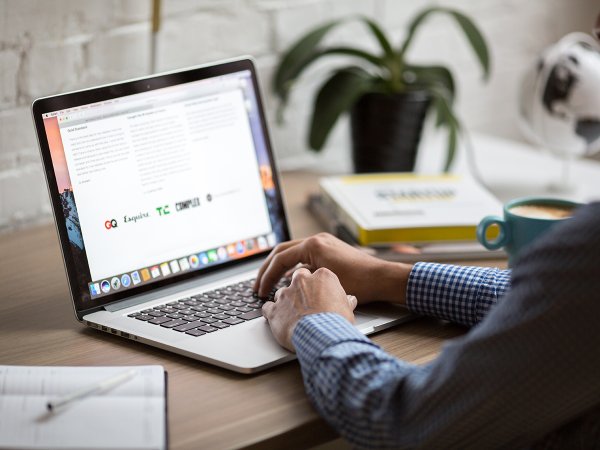 A person in a blue buttondown shirt using a Macbook laptop on a wooden desk with a plant and some books nearby.