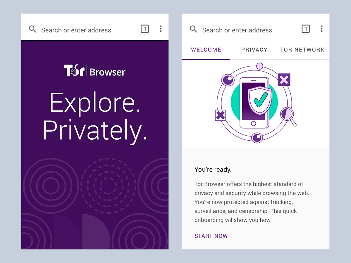 The opening pages of the Tor Browser on a mobile phone, assuring you you're about to explore the web privately.