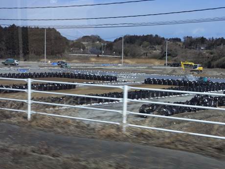 Bags of radioactive biomass on the side of the road.