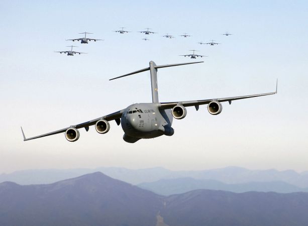Thirteen C-17s flying over the Blue Ridge mountains