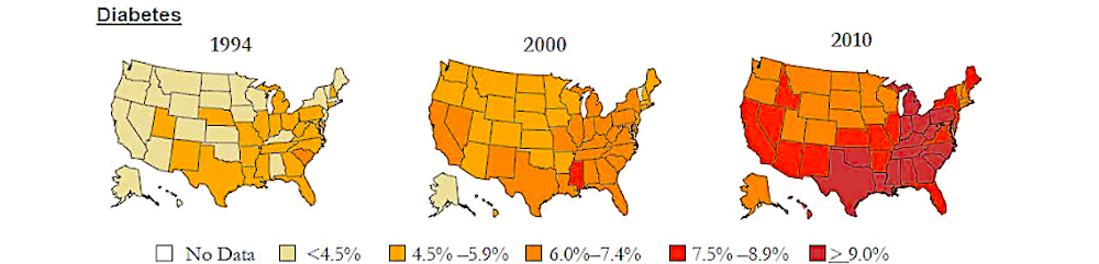 The proportion of U.S. adults with diabetes in each state