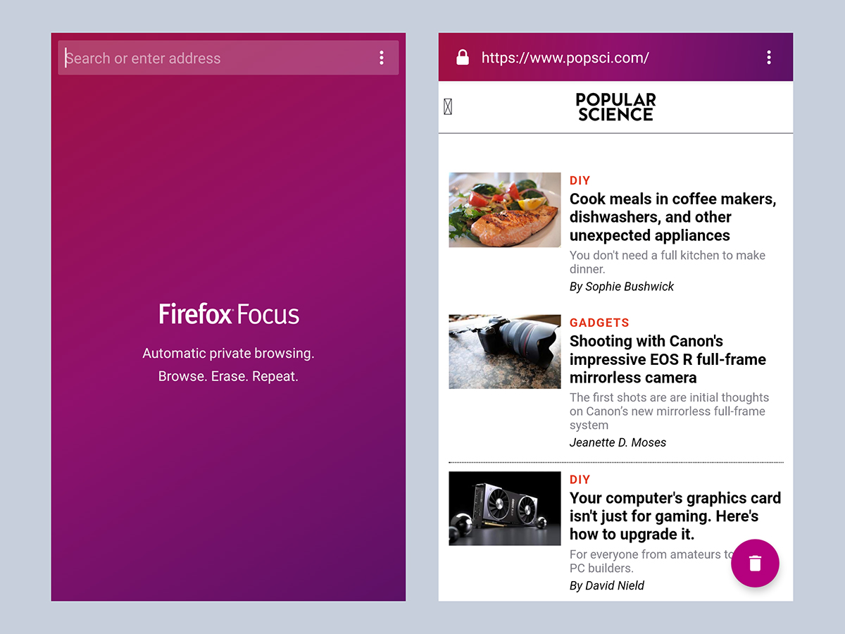 The Firefox Focus mobile browser showing the Popular Science website.