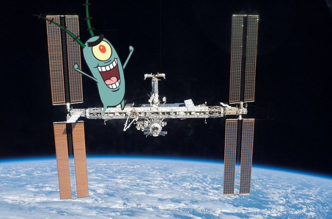 Plankton cartoon character stands on international space station