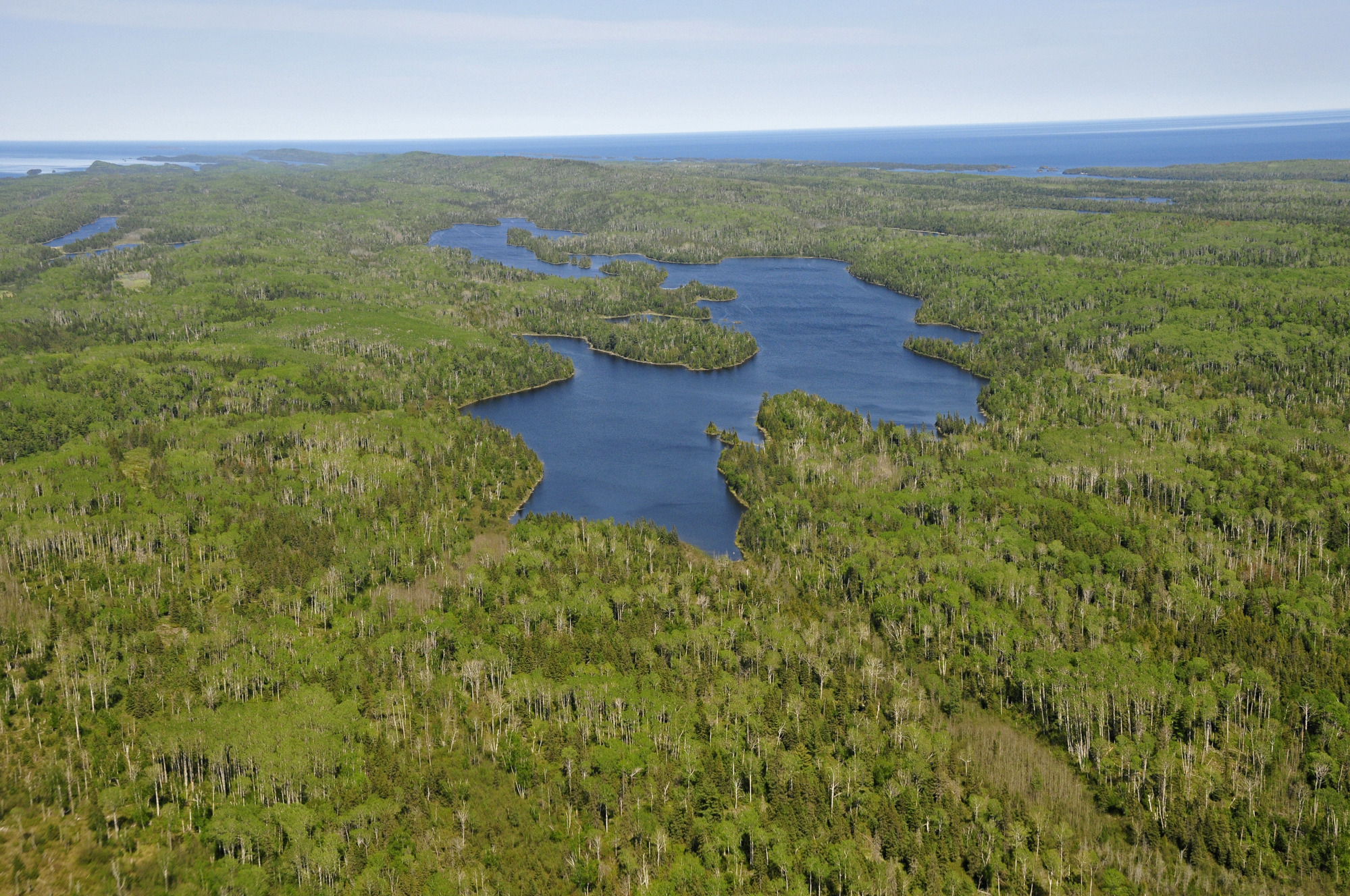 Aerial view of Sargent Lake surrounded by the forest of Isle Royale. Lake Superior in the distance.