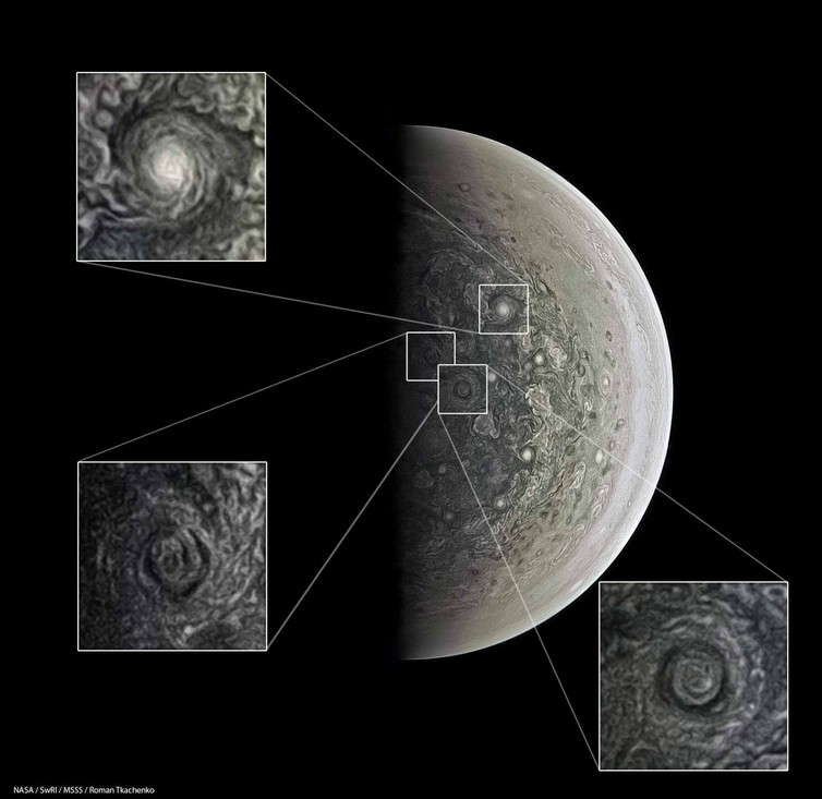 Jupiter’s south pole with individual storm features