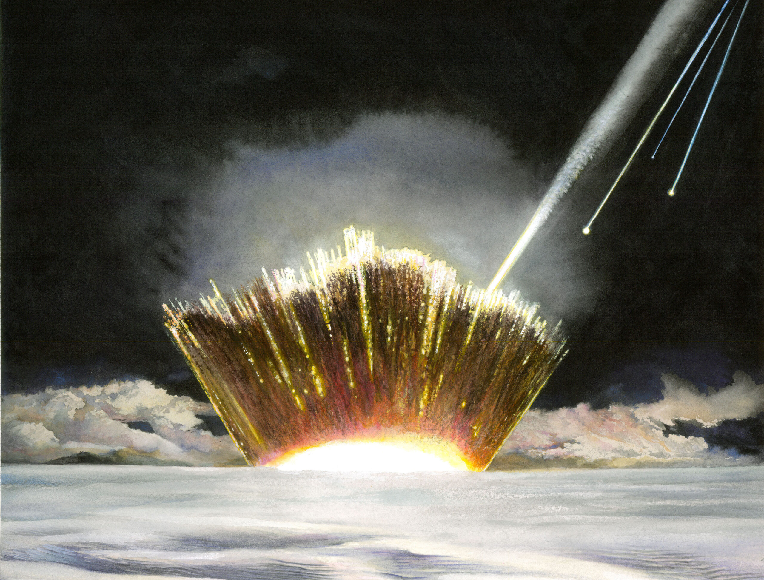 an illustration of an asteroid hitting ice and sending debris into the air