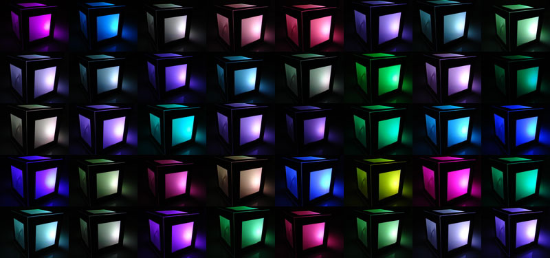 An 8-by-5 grid of images showing the ambient light Mood Cube cycling through various colors.