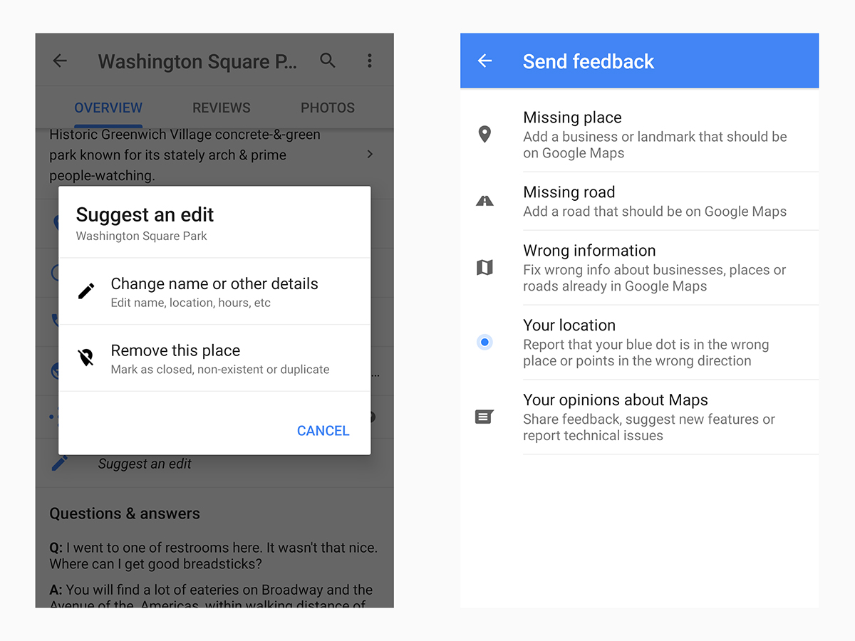 The Google Maps edit suggestion interface.