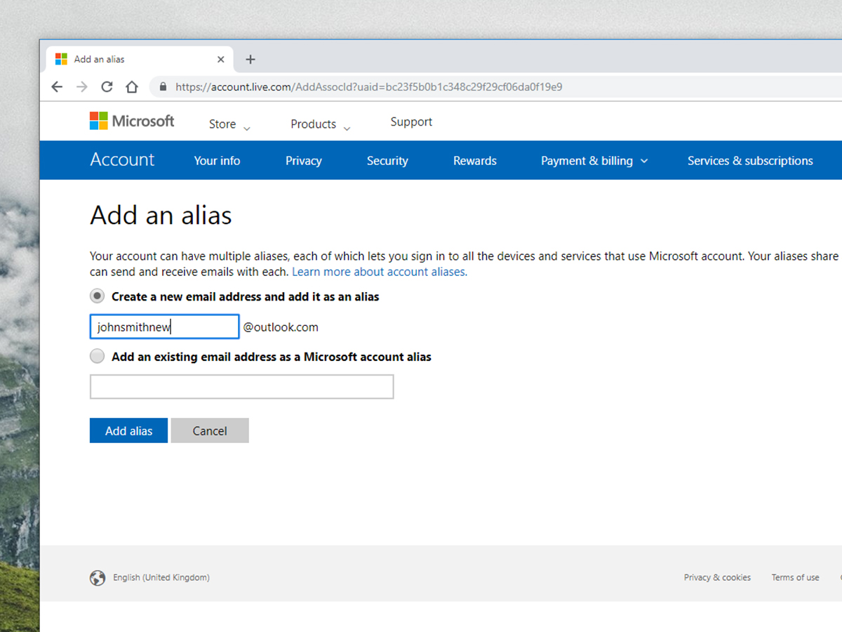 The web page for creating a Microsoft Outlook email alias.