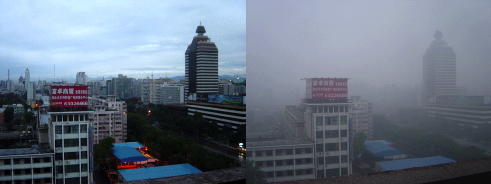 Beijing in August of 2005. The photo on left was taken after two days of rain. The photo on the right depicts a typical smoggy day.