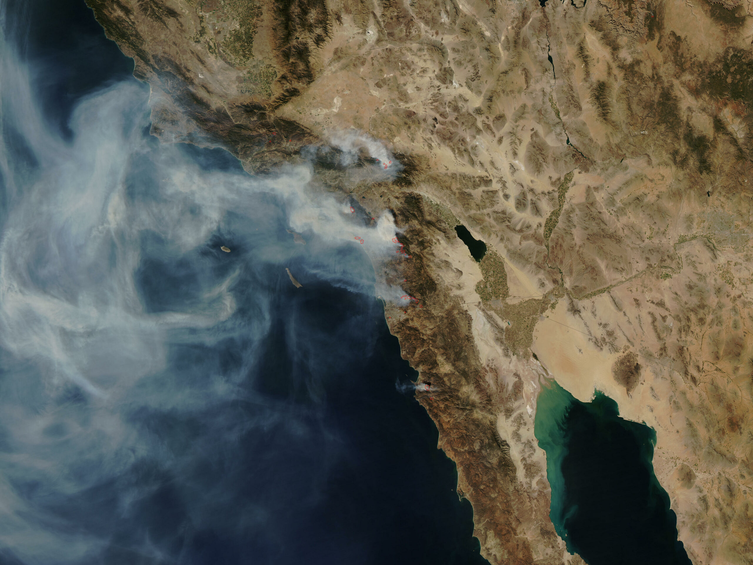 The 2007 California wildfires, as viewed from space. Fires burned from Santa Barbara to the U.S.-Mexico border.