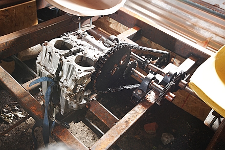 A transmission in a pedal-powered replica tank.