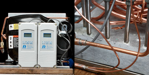 An electronic temperature controller and some copper tubing moving water through a beer-brewing device.